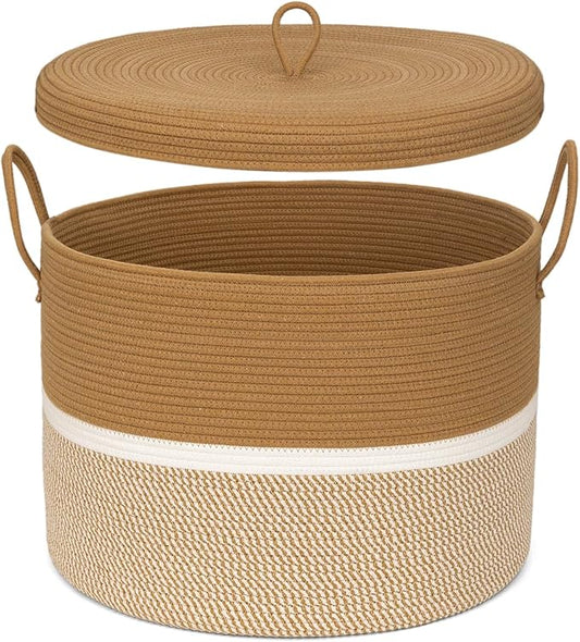 Laundry Basket with Lid, Woven Cotton Rope Laundry Hamper Foldable Storage Organizer Bin Blanket Basket for Comforter, Cushions, Clothes, Pillows, 20.5x20.5x15 Inch, Camel/White
