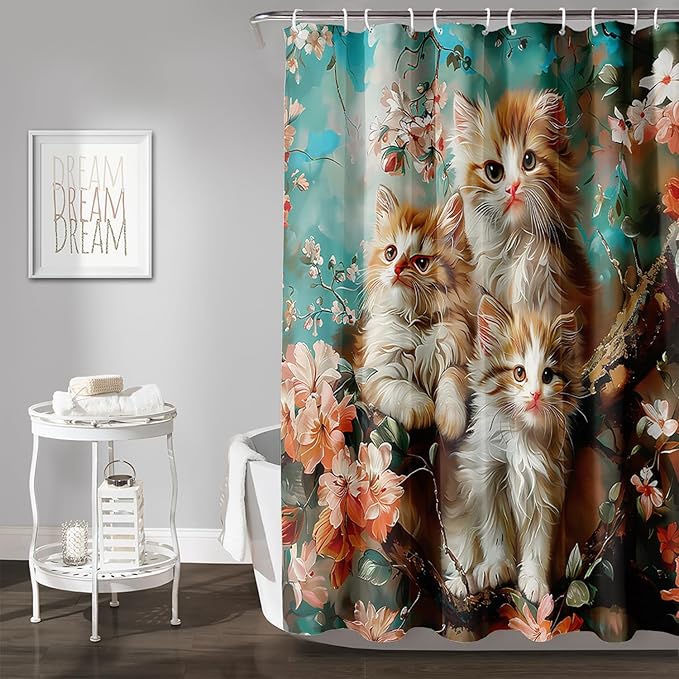 AILONEN 3D Kawaii Cat Shower Curtain Set,Cat Lovers Animal Waterproof Fabric Bath Curtain for Kids Girls Boys,Pink Cherry Blossom Shower Curtains for Bathroom Decor, 36" W*72" H