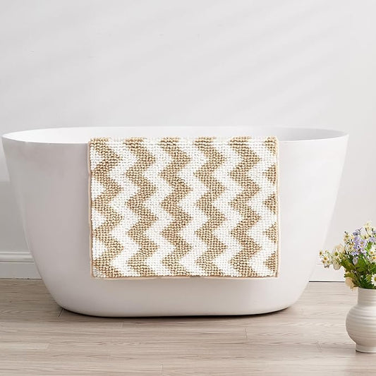CozeCube Chenille Bathroom Rugs 59" x 24", Soft Microfiber Chevron Bath Mats for Bathroom, Non Slip Shaggy Bath Rugs Machine-Washable, Plush Absorbent Shower Mat, Beige