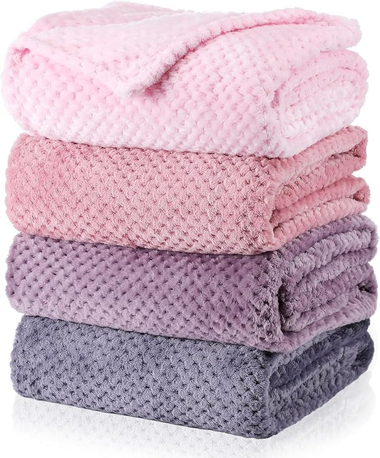 Newwiee 4 Pcs Flanne Fleece Throw Blanket for Bed Couch Large 3D Waffle Textured Soft Blanket Winter Warm Lightweight No Shedding No Pilling Decorative Throw, 50x60 Inch(Gradient Purple)