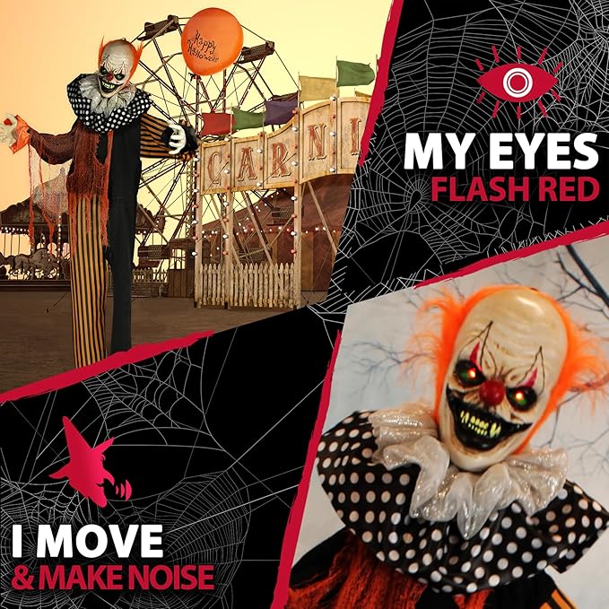 Haunted Hill Farm Life-Size Scary Talking Clown, Halloween Animatronic with Motion and Touch Activated Lights and Sounds, Battery Operated Indoor or Covered Outdoor Halloween Decorations