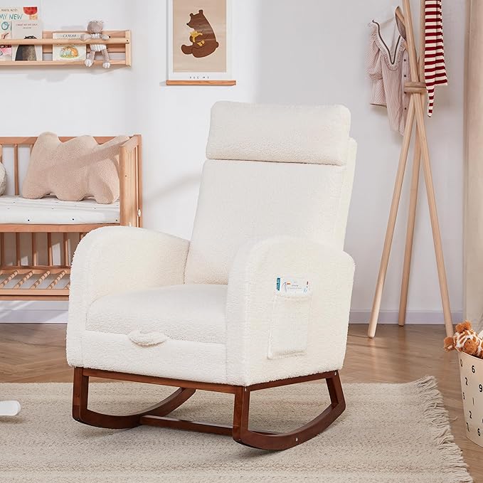 Rocking Chair Nursery Chair with Foot Rest, Nursery Rocking Chairs with High Back, Glider Rocking Chair with Pocket, Baby Nursery Glider Rocker, Nursing Chair Accent Living Room (Teddy, Ivory)