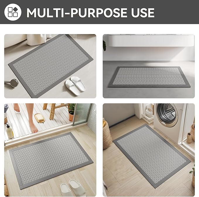 Non Slip Bath Mat Bathroom Rugs, Soft Jute-Like Ultra Thin Bath Mats, Rubber Backing Super Absorbent Quick Dry Bath Rug Shower Mat Fit Under Door Bathroom Floor, Machine Washable, Gray 24" x 36"