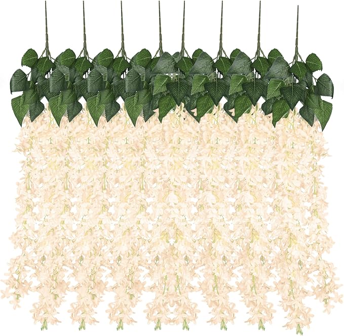 Artificial Lilac Flowers Garland 8Pcs-24Branches 33.5in Fake Syringa Wisteria Vines Faux Silk Lilac Hanging Floral Decoration for Indoor Outdoor Wedding Arch Birthday Party Garden Balcony (Champagne)