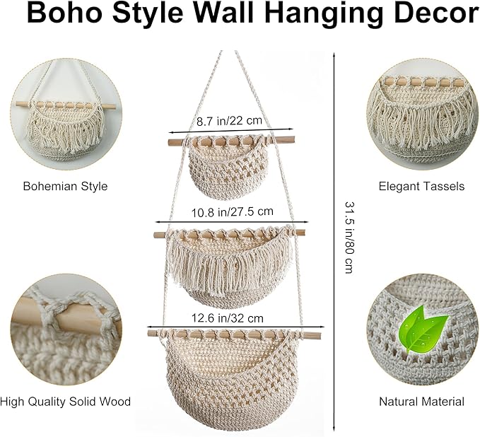 2Pcs RV Hanging Storage Bags Set, 3 Tier Boho Style Decor Hanging Fruit Basket & 7 Pockets Linen Fabric Over Door/Wall Mount Organizer with 2 Hooks, Space-Saving for Home, Kitchen, RV, Dorm