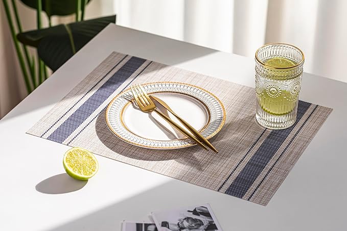 LEXMORE Placemats Set of 8 Vinyl/Plastic Woven Place Mats for Kitchen Table Indoor/Outdoor Washable Placemat Wipeable Dining Table Mats(Blue Skyline)
