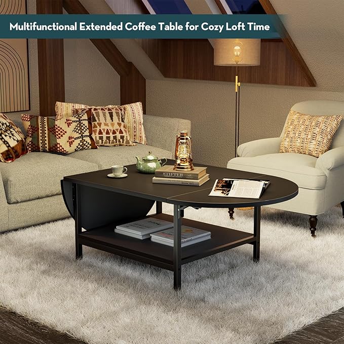 SAYGOER Black Coffee Table Modern Extended Coffee Tables with Storage for Living Room 2-Tier Unique Center Table with Two Foldable Panel for Any Large or Small Space, All Black