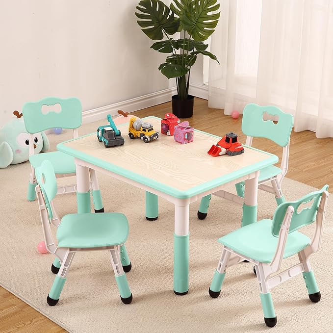 Kids Table and Chairs Set, Height Adjustable Desk With 4 Seats for Ages 2-10,Arts & Crafts Table,Graffiti Desktop, Non-Slip Legs, Max 300lbs, Children Multi-Activity Table for Classrooms,Daycares,Home