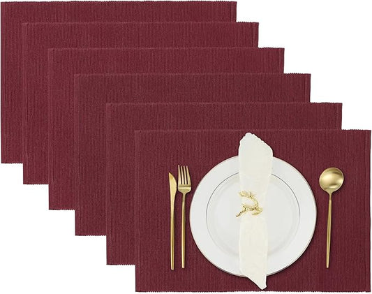 RAJRANG Tibetan Red Placemats Set of 6, Cotton Ribbed Tabletop, Non-Slip Wrinkle Free Kitchen Table Mats for Dining Table, 13x19 Inch