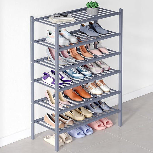 Smiry Bamboo Shoe Rack for Closet, 6 Tier Wooden Stackable Shoe Organizer, Free Standing Shoes Storage Shelf for Entryway, Front Door Entrance, Grey