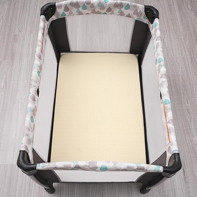 Muslin Mini Crib Sheets, 2 Pack Cotton Pack N Play Sheets for Boys Girls Neutral, Soft Breathable Baby Sheets Fit Pack N Play, Playard and Mini Crib Mattresses, Beige & Green