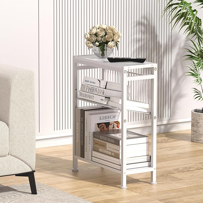 End Table Set of 2 for Small Space, 3-Tier Narrow Side Table with Magazine Holder,Small Nightstand, Skinny Snack Couch Table in Living Room, Bedroom Study and Balcony (White)