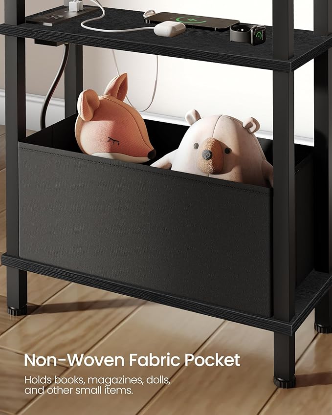Small Narrow Side Table with Charging Station, Skinny End Table with Fabric Basket, Slim Nightstand for Small Spaces, Sofa Side Table, for Living Room, Bedroom, Black TBZ07UBB