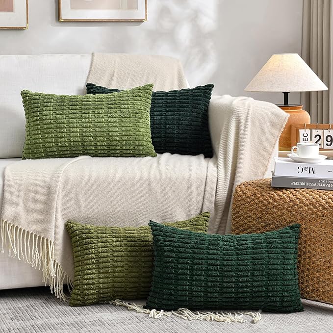 Fancy Homi 4 Packs Boho Moss Green Decorative Throw Pillow Covers 12x20 Inch for Couch Bed Sofa, Rustic Modern Farmhouse Home Decor, Soft Plush Corduroy Cute Rectangle Cushion Case 30x50 cm