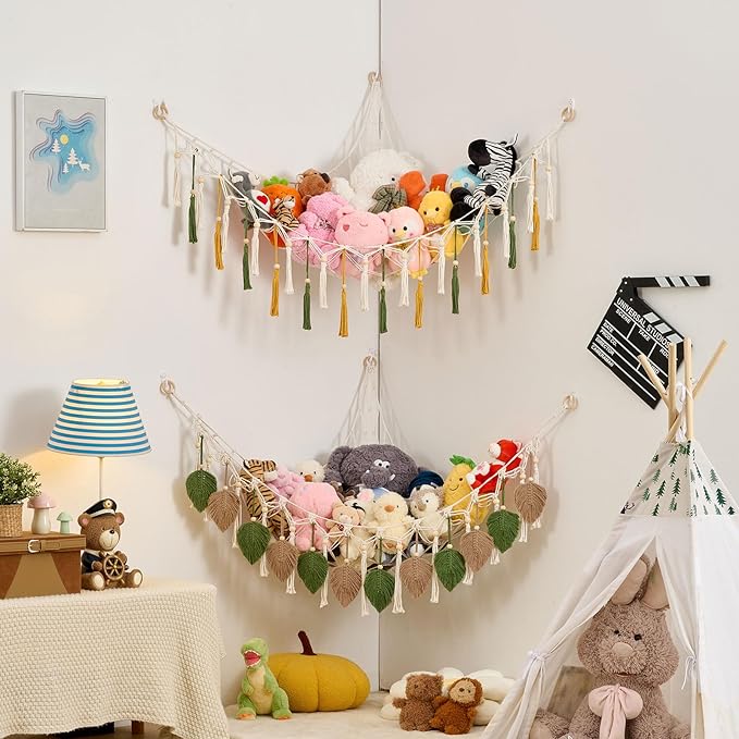 Pretty Jolly Macrame Leaf Wall Hanging Storage Hammock, 59" Boho Corner Organizer with Tassels, Stuffed Animal Plush Holder for Kids Room Nursery Decor (Avocado Green & Milk Coffee)