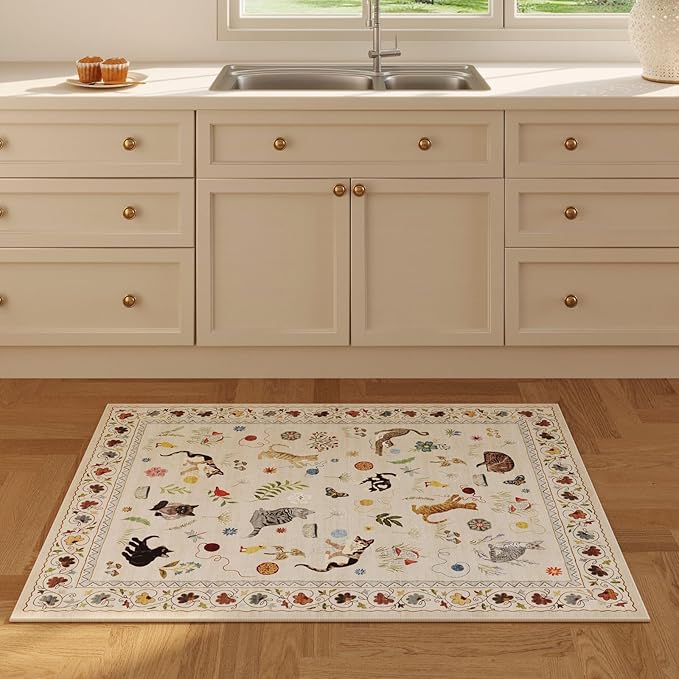 Door Mat Indoor Entrance 2x3 Rug Machine Washable Boho Floral Animal Cat Small Area Rug Non-Slip Low Pile Throw Rugs for Entryway Kitchen Front Door Indoor Entrance Entry Kids Room, Beige