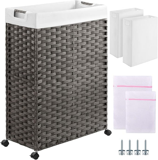 Greenstell Laundry Hamper with Wheels & Handles, 26.4 Gallon (100L) Slim Laundry Basket with 2 Removable Liner Bags & 2 Mesh Bags, Foldable Narrow Clothes Hamper for Bedroom, Bathroom, Closet, Grey
