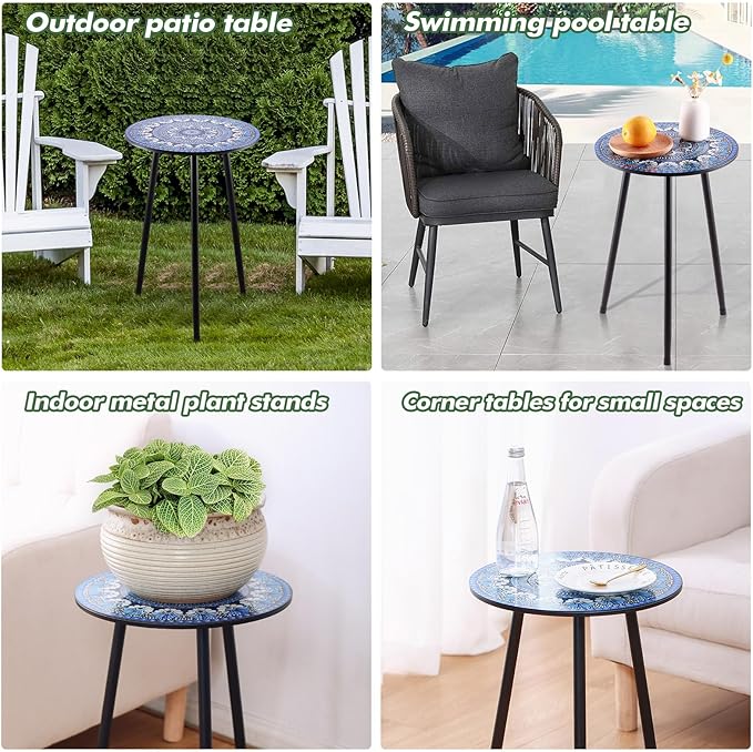 1 Pack Metal Mosaic Round Side Table 13.4" Small End Table for Patio Round Accent Garden Corner Stand for Small Spaces Weather-Resistant for Balcony Plant Stand Indoor Outdoor