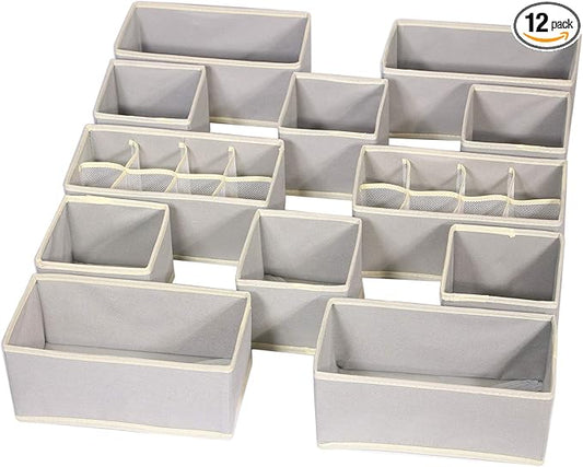 Set of 12 Foldable Drawer Organizer Dividers Cloth Storage Box Closet Dresser Organizer Cube Fabric Containers Basket Bins for Underwear Bras Socks Panties Lingeries Nursery Baby Clothes Grey NN246