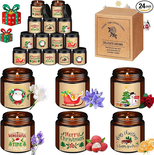 MTLEE 24 Pack Scented Christmas Candles for Gifts Bulk 7 oz Jar Aromatherapy Candles for Holiday Gifts Spa Yoga Home Relaxation, 6 Fragrances (Stylish, Classic Scent)