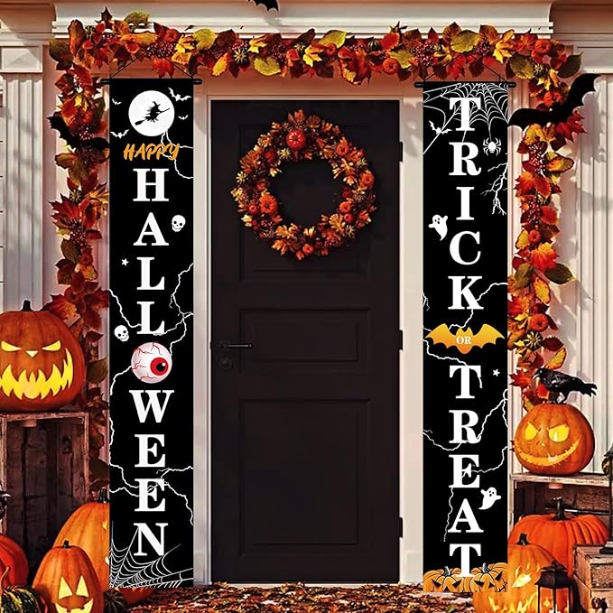 Halloween Door Decorations Outdoor Trick or Treat Banners Halloween Hanging Welcome Signs for Front Porch Yard Garland Garden Party Supplies Indoor Witch Wall Decor