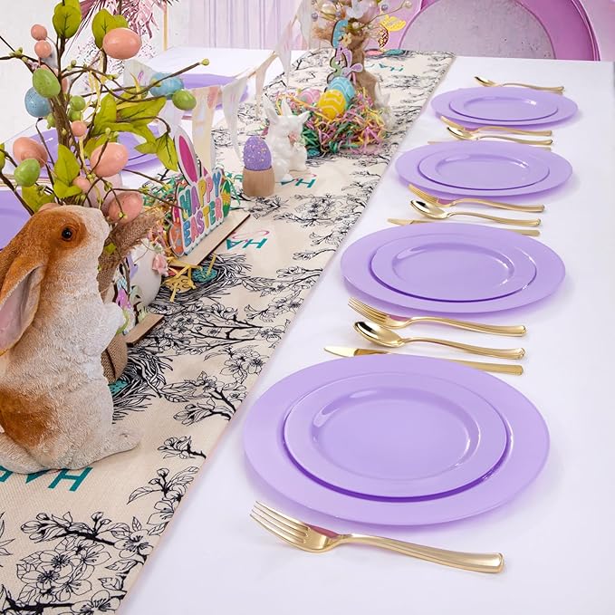 FLOWERCAT 60PCS Easter Plates - Purple Plastic Plates - Heavy Duty Purple Plates Disposable for Easter Party/Wedding - Include 30PCS 10.25" Purple Dinner Plates and 30PCS 7.5" Purple Dessert Plates