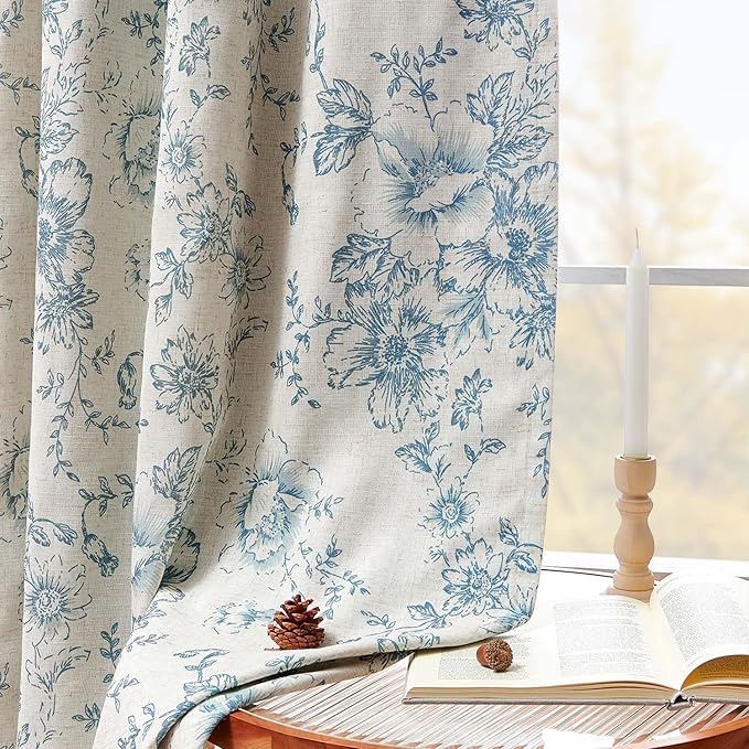 jinchan Blackout Linen Blend Curtain Floral Blackout Curtains for Living Room 90 Inch Length Blue Printed with Lined Blackout Curtain for Bedroom Farmhouse Curtains Set 2 Panels