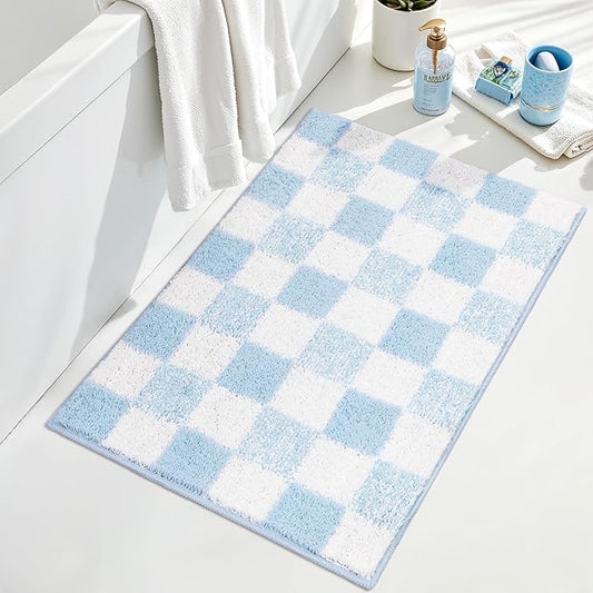 GRANNY SAYS Checkered Blue Bathroom Rugs, 36" x 24", Non-Slip Bath Mats for Bathroom, Plush Shag Absorbent Microfiber Ultra Soft Bath Mat, Cute Washable Rug for Tub, Shower, Bedroom