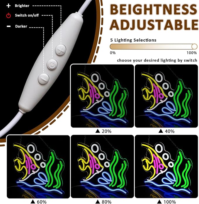 Tropical Fish Neon Sign for Wall Decor, Fish Led Signs for Room, USB Dimmable Neon Lights for Fish Shop Bar Home Pub Club Man Cave Party Store Office Restaurant Ocean Museum Decoration