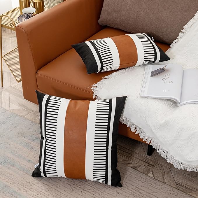 Farmhouse Throw Pillow Covers for Couch Sofa Decorative Faux Leather Square Cushion Cover Tribal Stripe Accent Pillow Case 20 x 20 Inch, Black