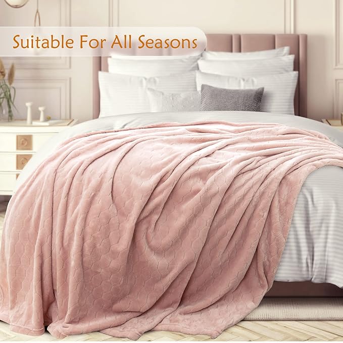 TOONOW Fleece Bed Blanket Queen Size 90x90 inches, Super Soft Fluffy Fuzzy Plush Blanket Geometric Pattern Cozy Microfiber Flannel Blankets for Couch, Bed, Sofa, Light Pink