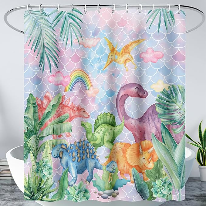 AILONEN Girls Dinosaur Shower Curtain 36" W*72" H for Bathroom,Cute Dinosaur Bathroom Shower for Kids Girls,Cartoon Dinosaur Rainbow Bath Curtain Polyester Waterproof Shower Curtain with Hooks