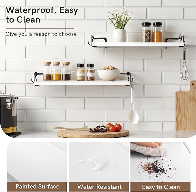 Gronda White Floating Shelves for Wall Storage Shelf with Black Brackets for Bathroom Kitchen Laundry Over Toilet Wooden Hanging Organizer Modern Minimalist Decor for Bedroom Living Room, Set of 2