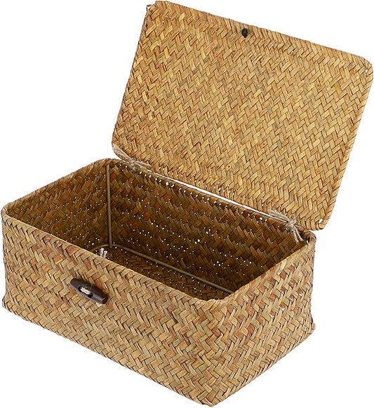 Hipiwe Wicker Shelf Baskets Bin with Lid, Handwoven Seagrass Basket Storage Bins Rectangular Household Basket Boxes for Shelf Wardrobe Home Organizer, Caramel Small
