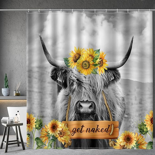 Aimego Highland Cow Shower Curtain - Farmhouse Sunflower Rustic Western Country Get Naked Funny Cute Fabric Cloth Bath Shower Curtain Set with 12 Hooks for Bathroom Decor Accessories, 72"x72"