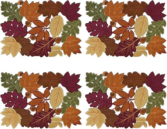 OWENIE 4 PCS Thanksgiving Placemats for Dining Table, 13 x 19 Inch Set of 4 Embroidered Maple Leaves Table mats for Fall, Harvest Applique Leaf for Autumn Decorations