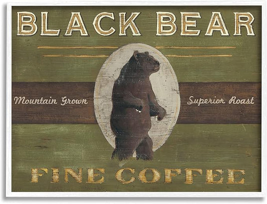 Stupell Industries Black Bear Fine Coffee Rustic Kitchen Mountain Animal, Designed by June Erica Vess White Framed Wall Art, 16 x 20, Green