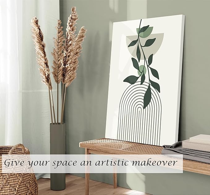 Induslyfe Large Framed Boho Canvas Wall Art Set of 3, Mid Century Modern room Decor, Minimalist Sage Green Botanical Boho Bathroom wall art 18x24 Abstract Geometric Canvas Prints Ready To Hang Bedroom
