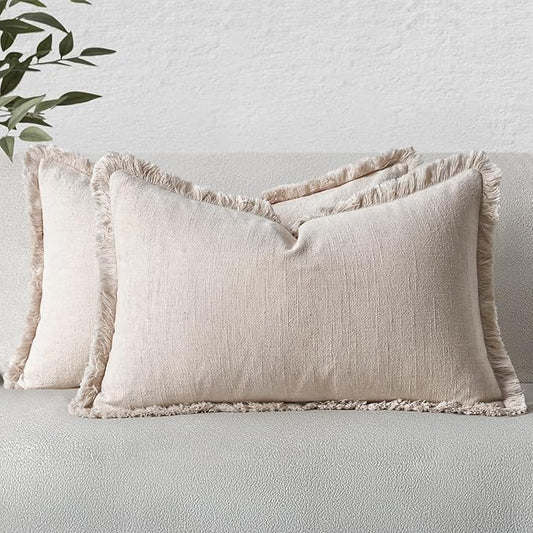 MIULEE Decorative Lumbar Throw Pillow Covers Neutral Linen Fringe Throw Pillows Set of 2 Beige Boho Farmhouse Cushion Covers with Tassels for Couch Sofa Bed Living Room Spring Home Decor 12x20 Inch