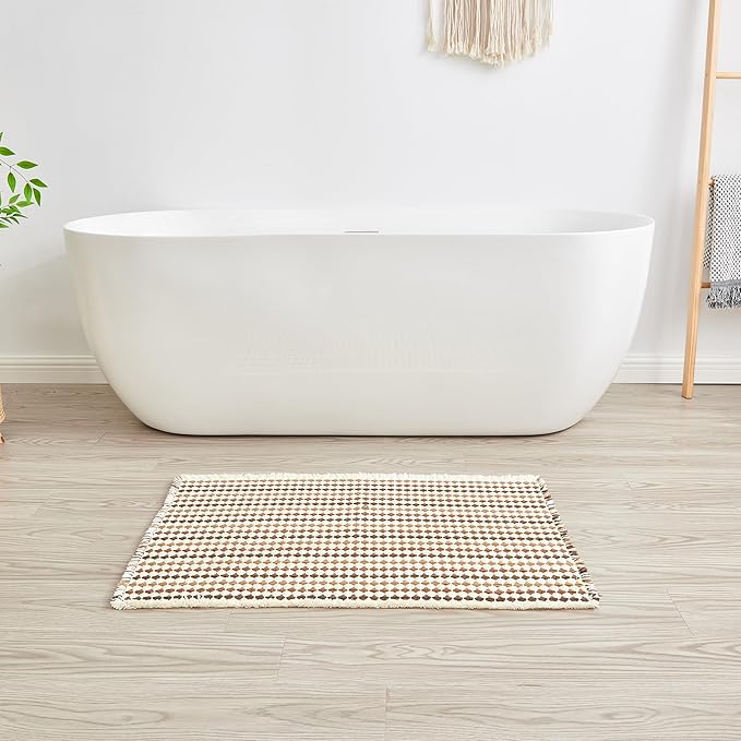 Douceur Boho Bath mat for Bathroom Floor Non Slip, Acrylic Blend Cute Bath Mats with Tassels, Quick Dry Bath mats Machine Washable, 16" x 24", Brown
