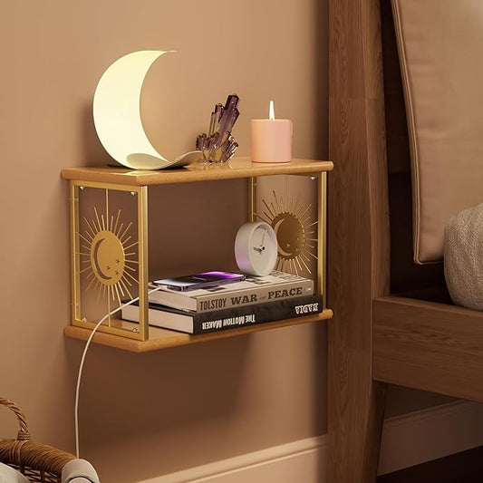 Floating Nightstand Wall Mounted - Natural Solid Wood Night Stand, Bedside Table 2 Tier Shelf, Modern Metal Celestial Side Floating Shelves Decor for Living Room Bedroom
