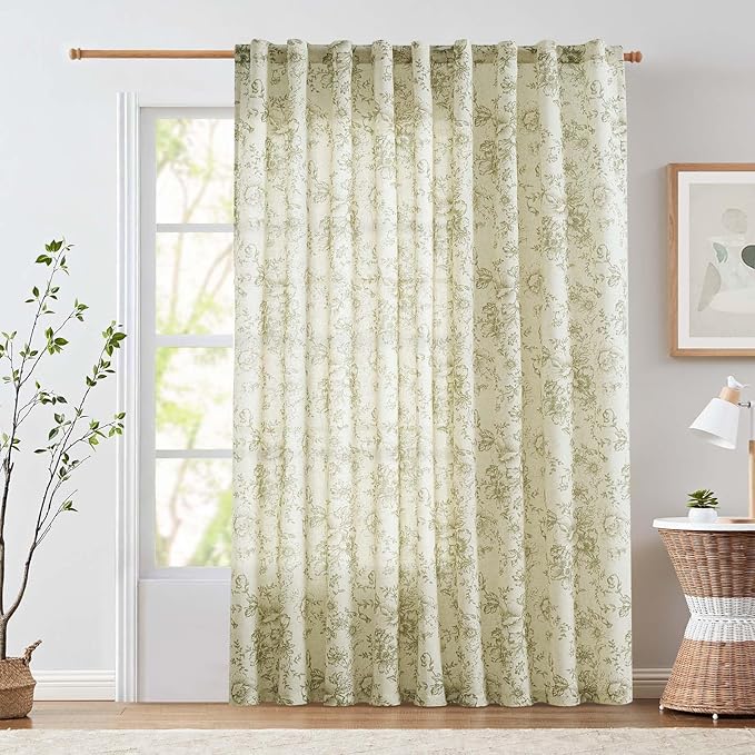 jinchan Linen Floral Curtains Extra Wide for Patio Sliding Glass Door Room Divider Curtain for Living Room 90 Inch Length Farmhouse Peony Green Printed Curtain Set 1 Panel