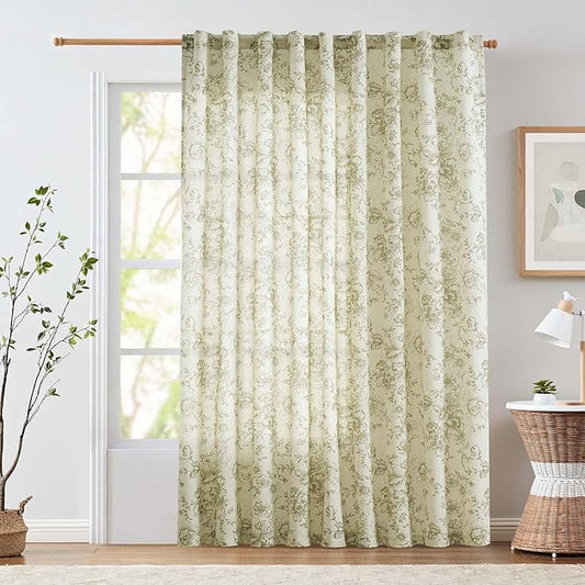 jinchan Linen Floral Curtains Extra Wide for Patio Sliding Glass Door Room Divider Curtain for Living Room 90 Inch Length Farmhouse Peony Green Printed Curtain Set 1 Panel