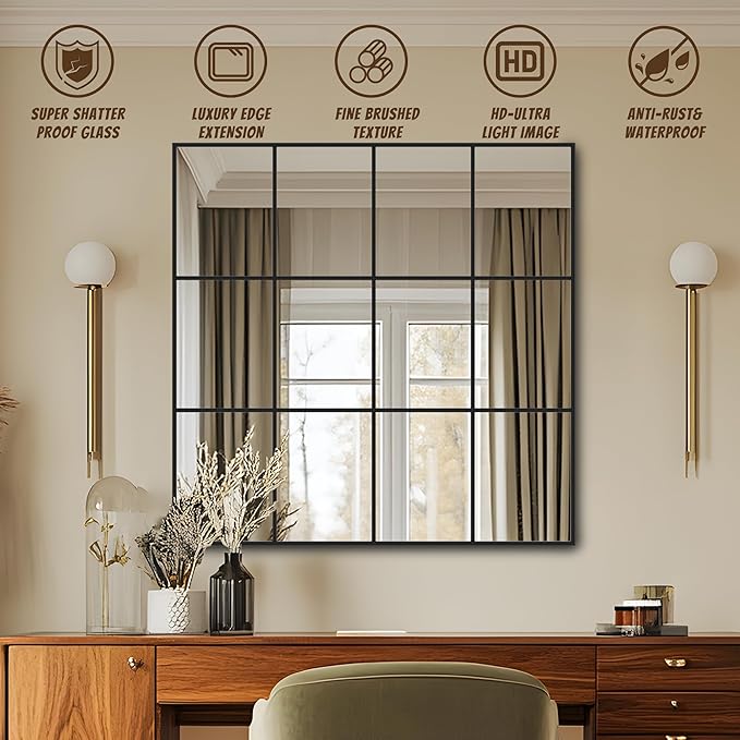 Antok Decorative Mirrors for Wall Decor, 36" x 36" Decorative Wall Mirror Black Window Mirrors Wall Mounted Decorative Mirror for Living Room Dining Room Hallway Entryway，Black,Retro Rect Style