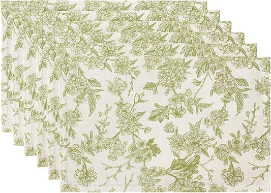 QIYI Boho Placemats Set of 6, 12x18 Inch Linen Fabric Floral Place Mats for Kitchen Dinning, Farmhouse Rustic Cloth Table Mats, Washable Placemat Party Table Décor, Green Botanical Art