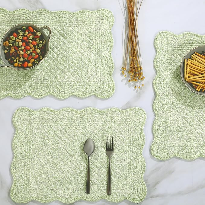 HOMBYS Quilted Placemats Set of 6 Washable-13x18 inches Rectangular Placemats for Kitchen Table-100% Cotton Fabric Rectangular Table Mats, (White with Light Green)