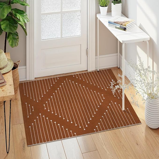LIVEBOX Boho Washable Entryway Rug, 2.3' x 3.6' Front Door Rug for Entryway Indoor Burnt Orange Kitchen Rugs Moroccan Outdoor Mat, Hand-Woven Area Rug Cotton Throw Carpet for Layered Porch Bathroom