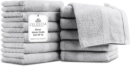 100% Cotton Wash Cloth for face & Body Set of 12, (12 x 12 inches) Sustainable, Soft, Highly Absorbent, Combed Cotton Wash Cloths Pack of 12 for Hotels, Spa, Bathroom, Dorm, Silver
