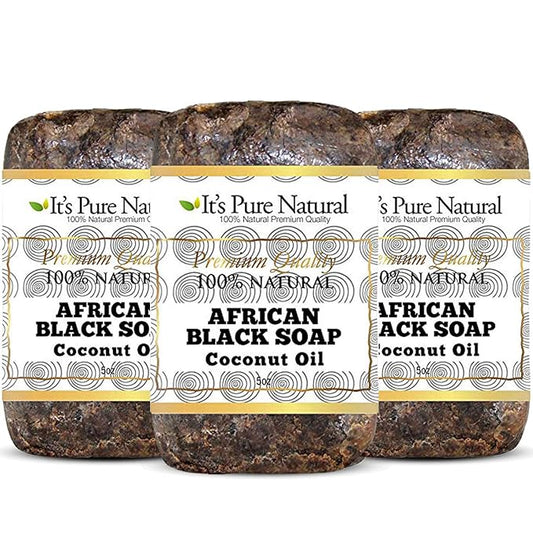 It's Pure Natural African Black Soap Bars with Coconut Oil (Pack of 3) Organic Raw Soap for Face & Body, Acne Treatment & Dark Spot Remover [Made in Ghana]