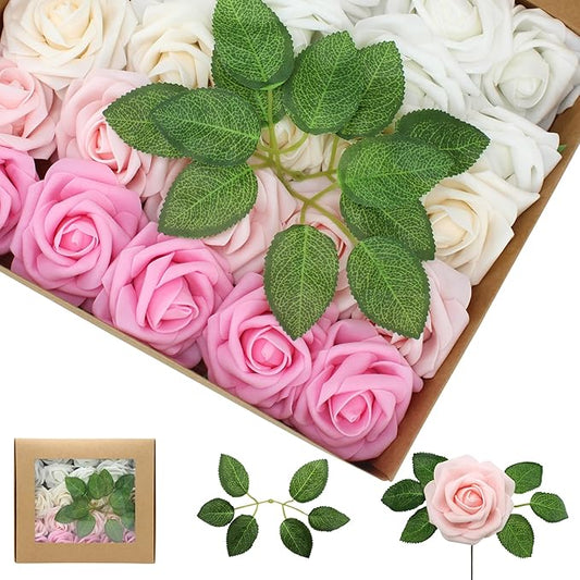 Artificial Flowers Pink Roses Real Looking Foam Fake Roses with Leaves and for DIY Wedding Bouquets Bridal Shower Centerpieces Party Decorations (Pink Series, 100)